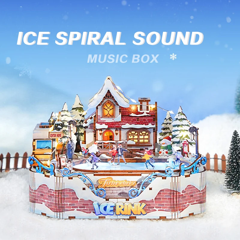Dynamic Rotating Figure Skater Music Box, Wooden 3D Puzzle DIY Assembly Kit with Winter Melody, Unique Handmade Gift for Kids