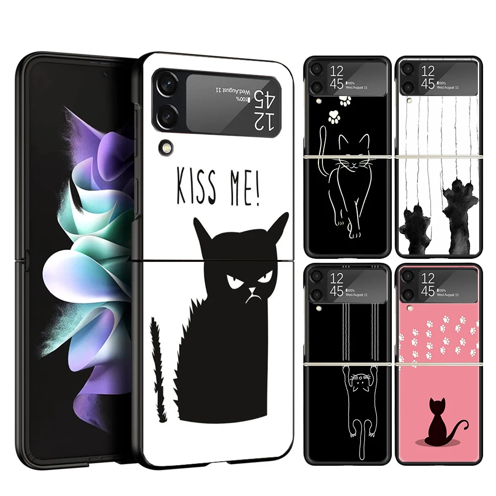 Pegada de gato engraçado pata bonito caso capa de telefone para samsung galaxy z flip 7 6 5 4 3 5g zflip7 zflip6 zflip5 zflip4 zflip3 preto fu