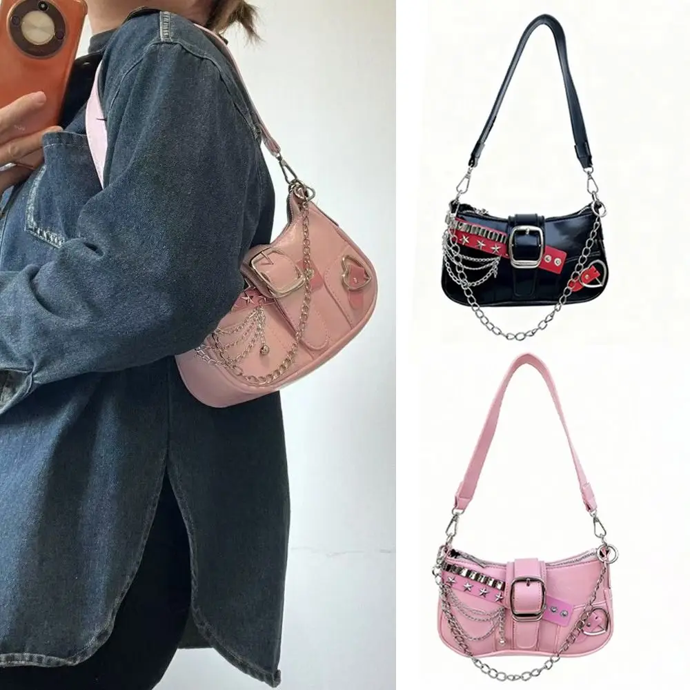 

Trendy Y2K Shoulder Bag PU Leather Silver Chain Underarm Bag Commuting Handbag Women