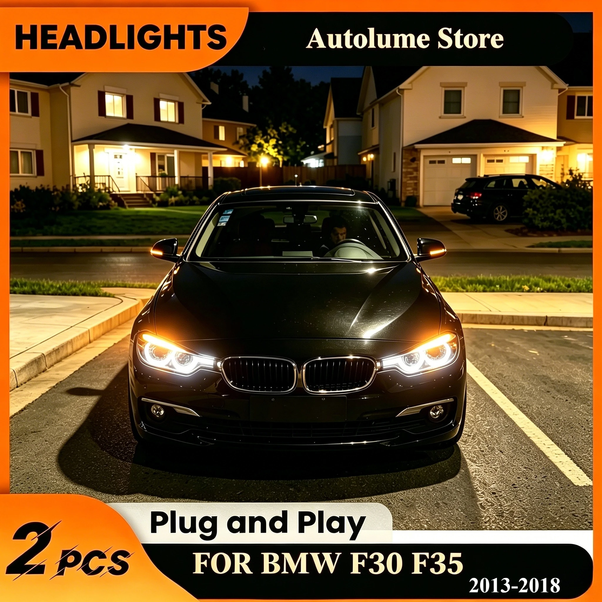 Image of 1 Paar Voll-LED-Scheinwerfer-Set für BMW 3er F30 F35 2013-2018, Upgrade-Frontscheinwerfer mit LED-Tagfahrlicht & sequenziellem Blinker in Amber, IP67 wasserdichte klare gehärtete Linse, stoßfestes