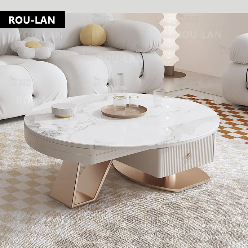 Light Luxury Rock Slate Coffee Table Modern Simple Round Telescopic Living Room Household Small Cream Wind Coffee Table