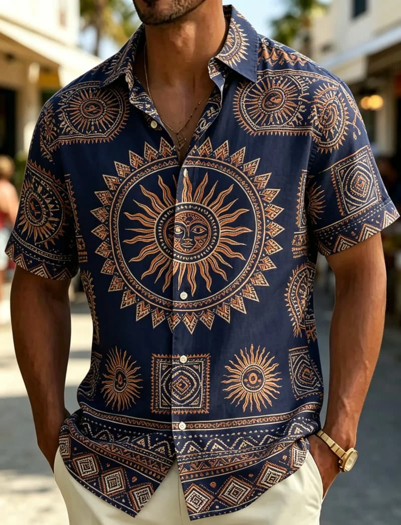 

Men's Retro Tribal Totem Printed Short Sleeved shirt, Gorgeous Tribal Style outfit, Suitable For Ceremonial Venues