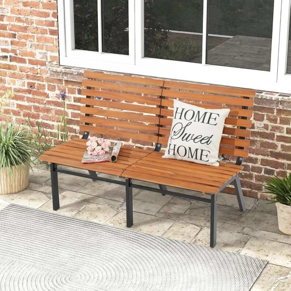 Banc extérieur en bois d'acacia, banc de jardin sans accoudoirs finition d'huile avec siège à lattes et cadre en acier pour jardin, parc, porche, cour