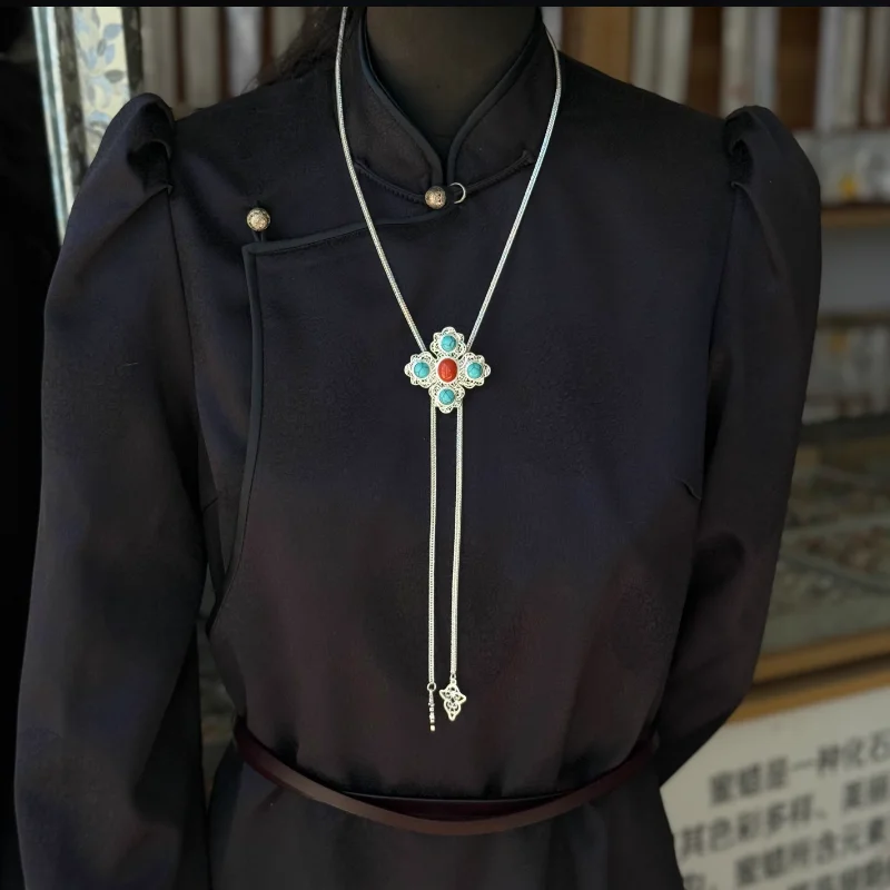 

Chinese Tibetan-style Turquoise Tassel Pendant, Exotic Tibetan Accessory Necklace