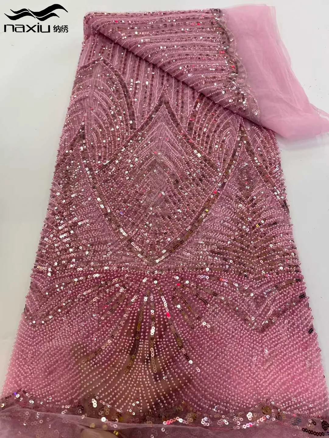 

Madison Pink 5Yards French Mesh Fabric African Lace High-Quality Luxury Sequins Embroidery Net for Nigerian Women Evening Dress