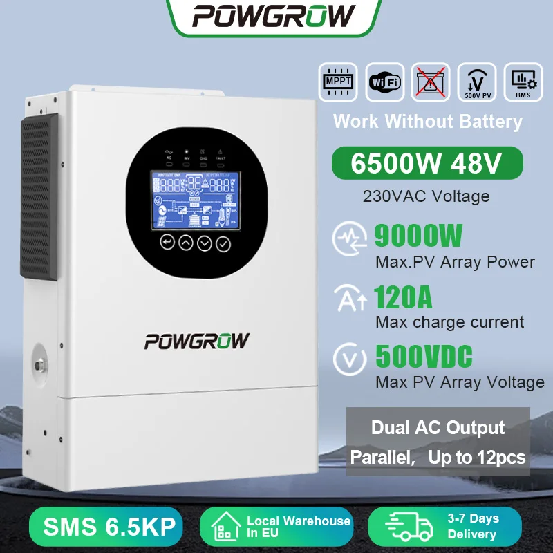 POWGROW Off Grid Solar Hybride Omvormer 6.5KW DC48V naar AC 120A MPPT Solar Charger Controller WIFI Parallel Ondersteuning Zuivere Sinusgolf Zonne-energie Omvormer