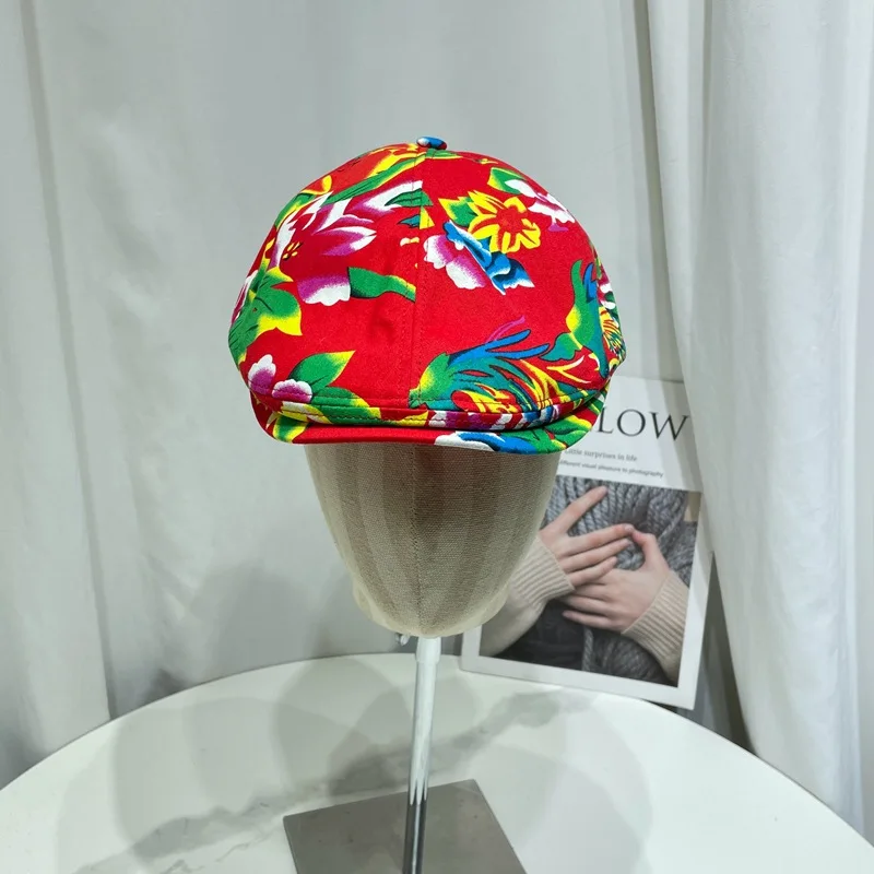 2024 New Northeast Big Flower Cloth Beret Hat for Men and Women Spring and Summer Retro Printing Forward Hats Trend Peaked Cap