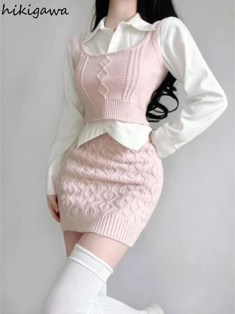 Fashion 3 Piece Sets Women Clothing Long Sleeve White Shirt Tunic Vest High Waist Bodycon Mini Skirt Suit Knitted Y2k Outfits