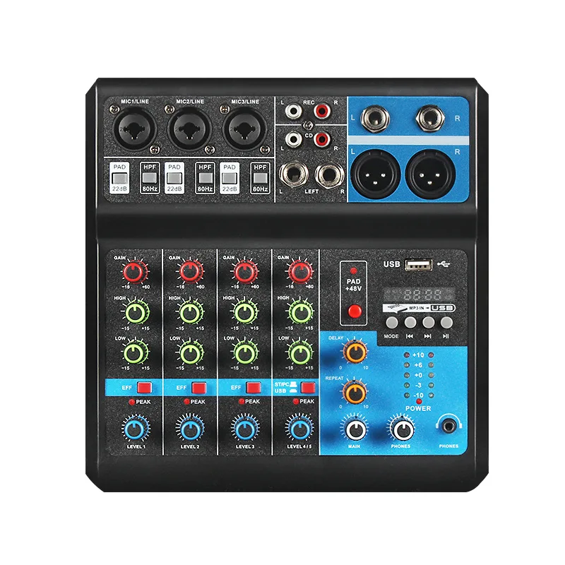 Small 5-way mixer, live recording, mobile phone, computer sound card USB Bluetooth, mixing digital effect device
