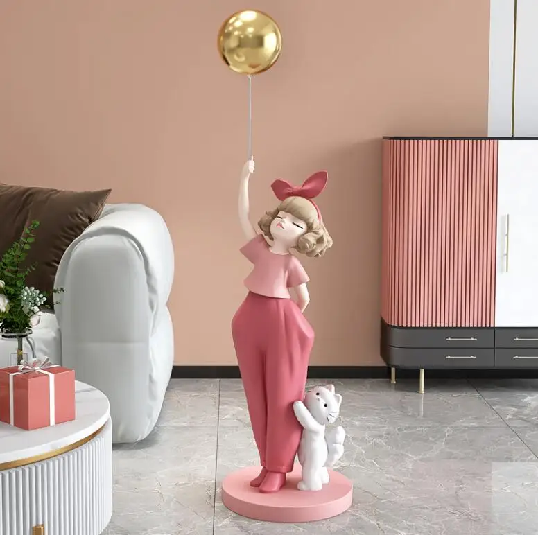 

Nordic Large Floor Welcome Balloon Girl Resin Sculpture Home Livingroom Figurines Crafts Lobby Hall Store Accessories Decoration