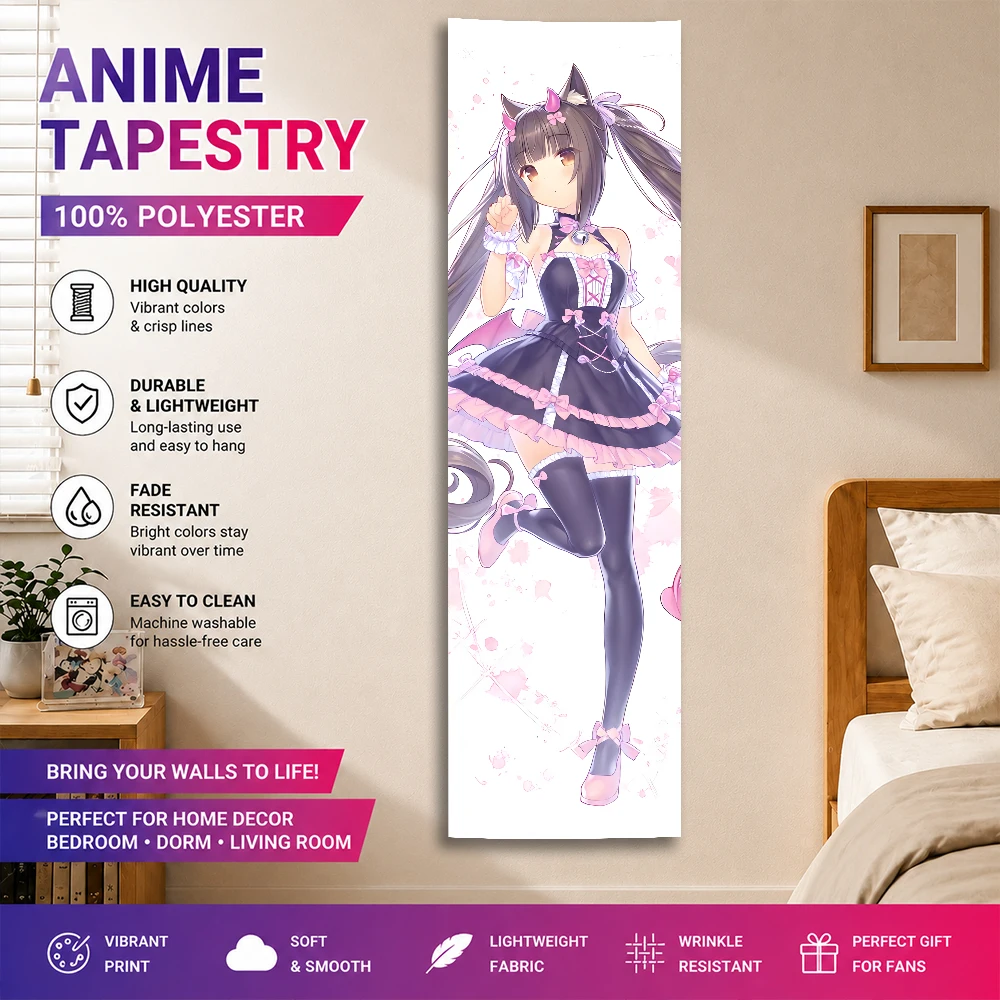 Anime Neko Girl Tapestry Vertical Banner, Cat Ear Lolita Dress Wall Hanging, Kawaii Manga Poster Tapestry for Bedroom Dorm Otaku