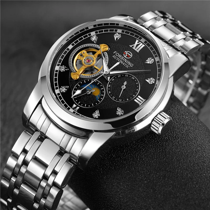 

FORSINING 6018 Top Brand Men Automatic Mechanical Moon Phase Watch Skeleton Luminous Stainless Steel Strap Waterproof Hand