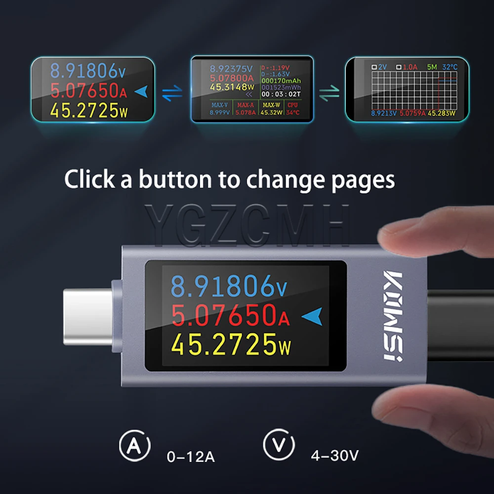Type-C Mobile Phone Charging Capacity Tester Multi-function Digital Display DC Voltmeter Power Meter DC4-30V 0-12A KWS-2302C image 2