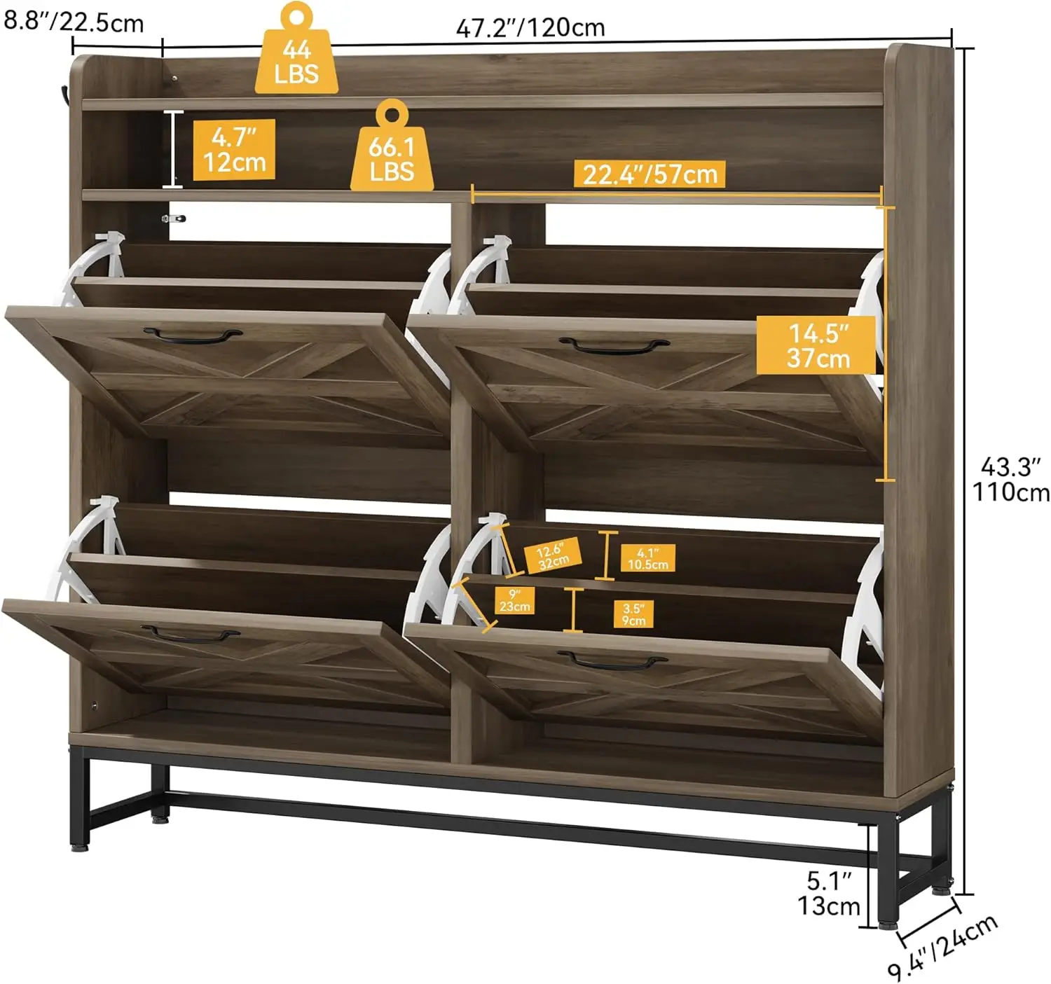 Farmhouse Shoe Cabinet with 4 Flip Drawers, Shoe Storage Organizer with Metal Legs for 24 Pairs of Shoes,  Shoe Rack Cabinet