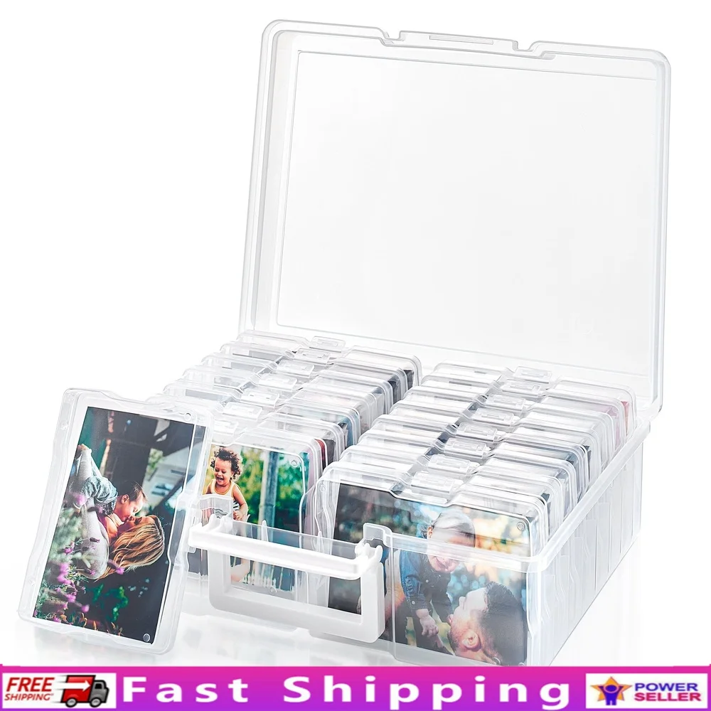 

Clear Storage Box with 16 Cases 4x6 Photos Crafts Office Supplies Durable Stackable Organizer Portable Transparent Design