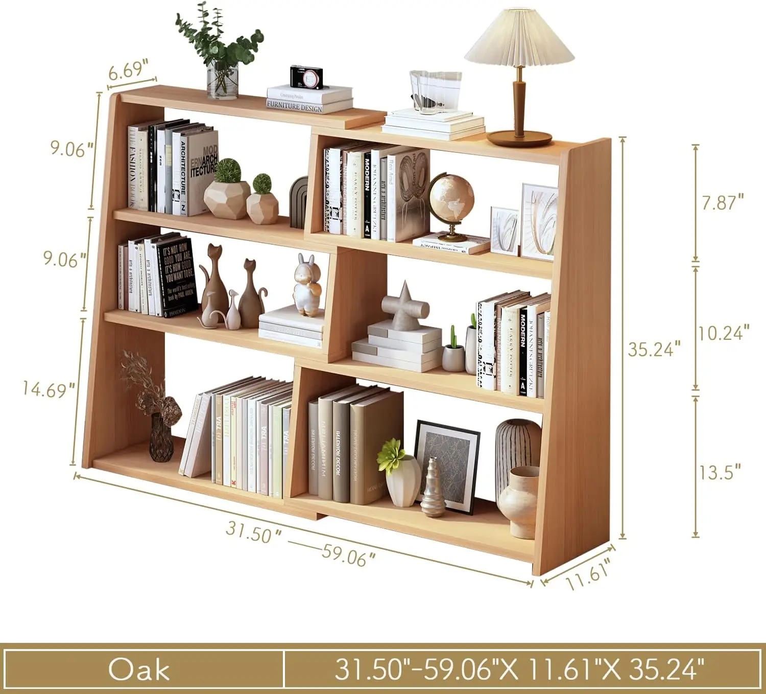 Wooden Extendable 3 Tier Low Bookshelf Oak L Adjustable Two Piece 6 Open Cubbies Extend 31 5 59 1 Walls Corners Small Spaces