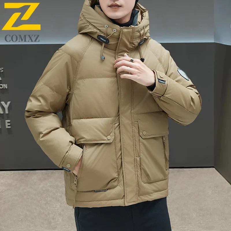 COMXZ Men Down Jacket Autumn Winter New Camping Windproof White Duck Down Hooded Casual Versatile Trendy Solid Color Outerwear