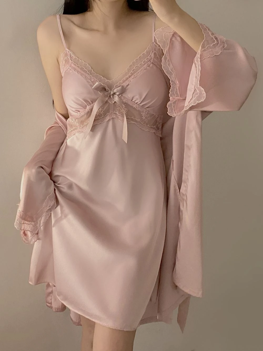 Pink Hollow Out Lace 2Pcs Robes Suit Sexy Silk Satin Kimono Robe Gown Women Bathrobe Lace Patchwork Lingerie Spaghetti Strap