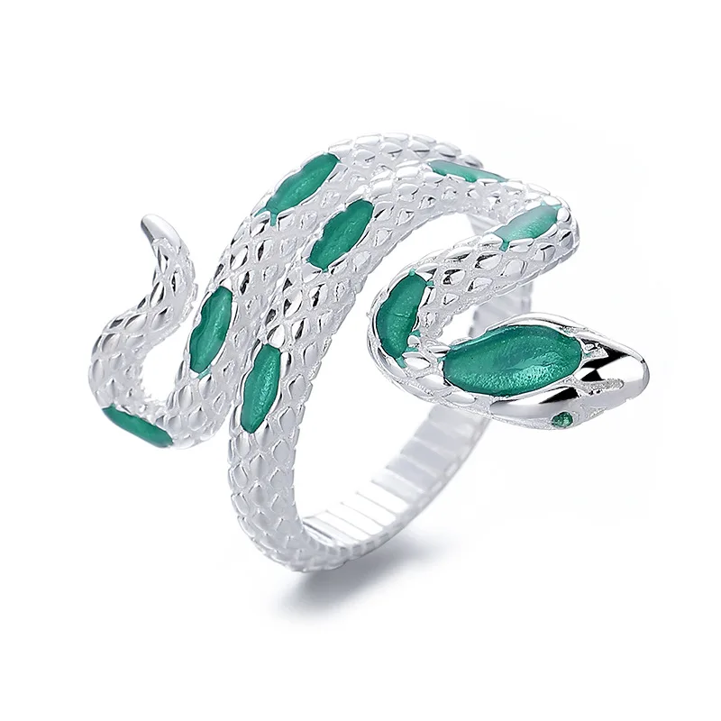 

Luxury Green Snake Design Ring 100% S925 Sterling Silver Female Punk Style Adjustable Open Ring Premium Jewelry Gift