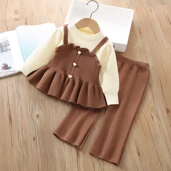 Autumn Winter 1-6Y Girls Two-piece Clothes Set Knitted Spliced Sweater+pants Outfit Ruched Round Collar Baby Girl Pullovers Suit