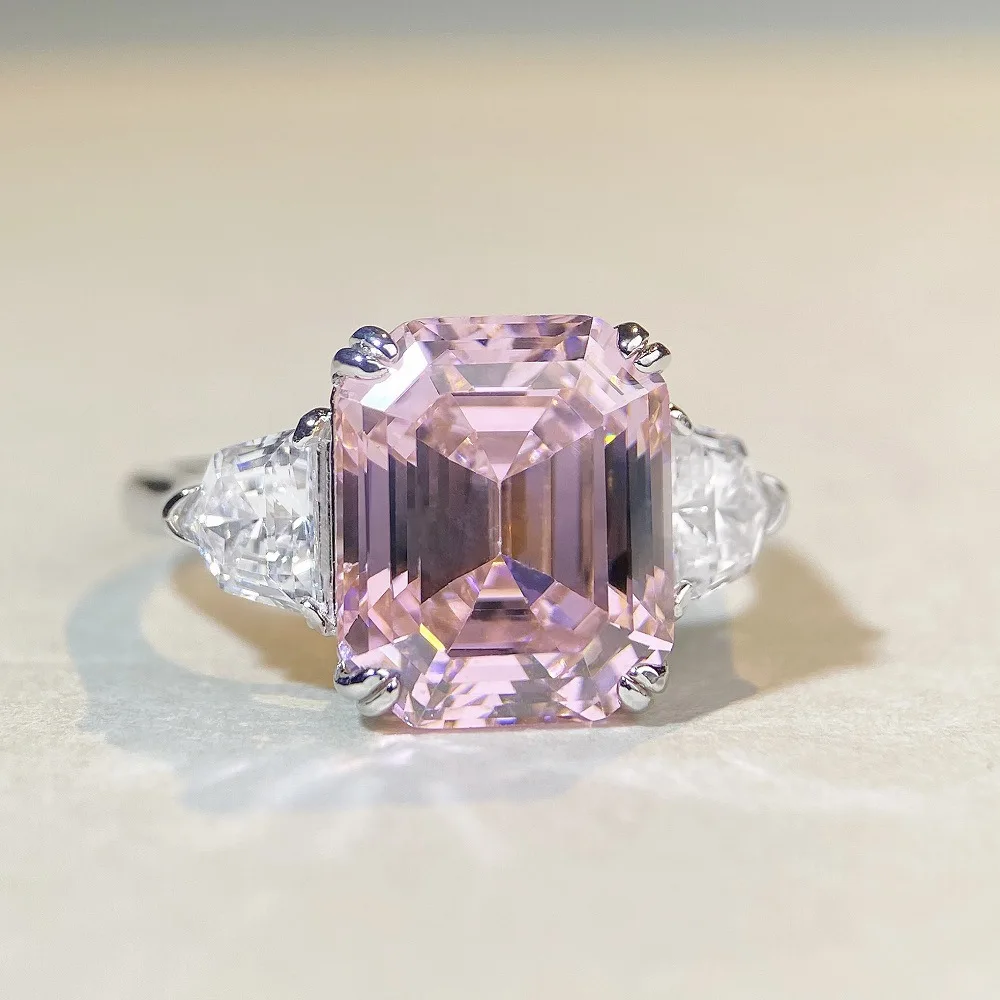 

Luxury Solid Platinum PT950 Women's Pink Moissanite Diamond Ring Emerald Cut Square Diamond Ring