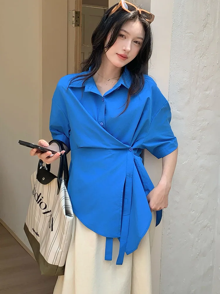 เสื้อผู้หญิง Blusas Mujer De Moda 2025 เกาหลี Chic แฟชั่นเปิดลงปกสํานักงาน OL เสื้อแขนสั้นเสื้อหลวมๆสบายๆ