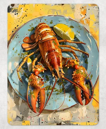 Affiche murale en métal représentant une assiette de homard servi, plaque décorative pour la salle de jeux ou le hangar.