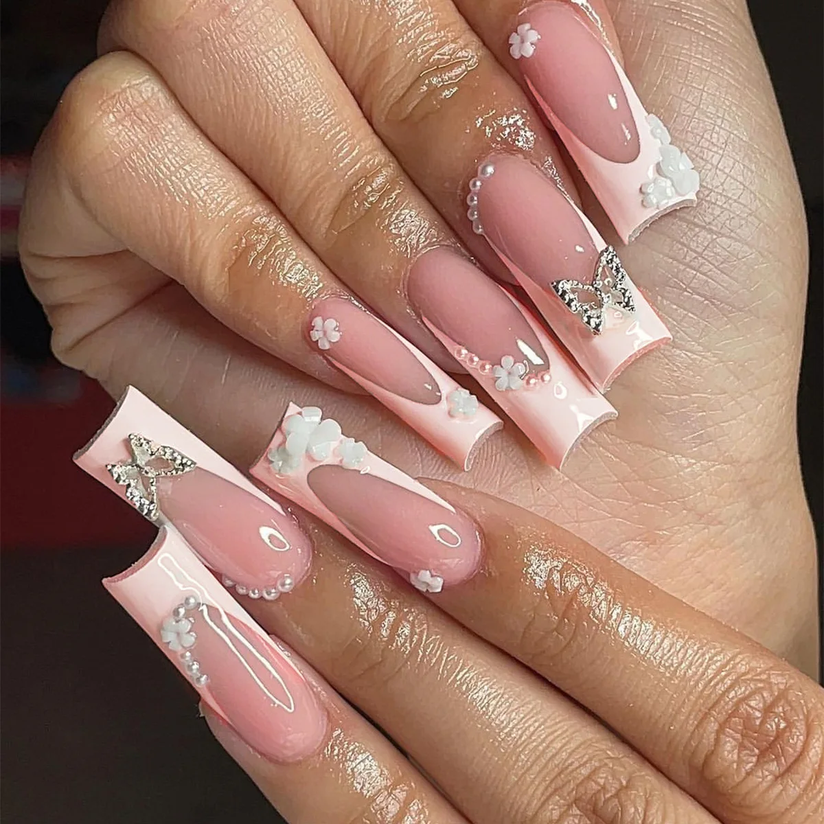 

24pcs Press on Nails Long-Tube French Pearl Flower Butterfly False Nail for Women&Girl Removable Wearable False Nail Daily Wear