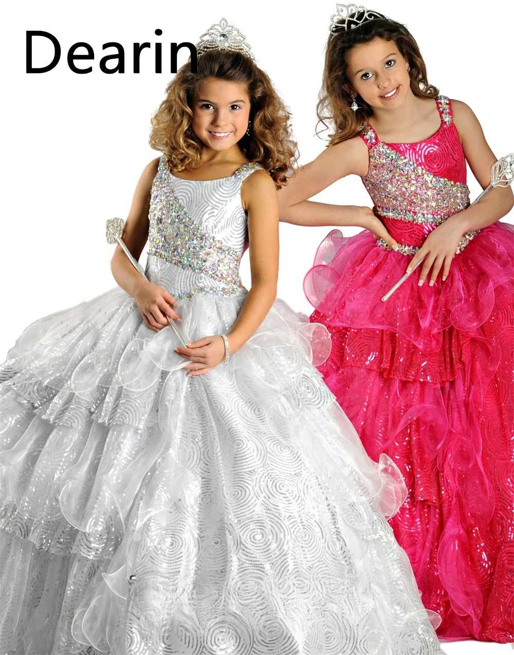 Customized Flower Girl Dress Dearin Shoulder Girdle A-line Floor Length Skirts Tulle Sequin Dresses