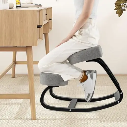 Ergonomic Kneeling Desk Chair, Upright Posture Chair with Cushion & Solid Wood Frame, Natural Relief for Neck or Back