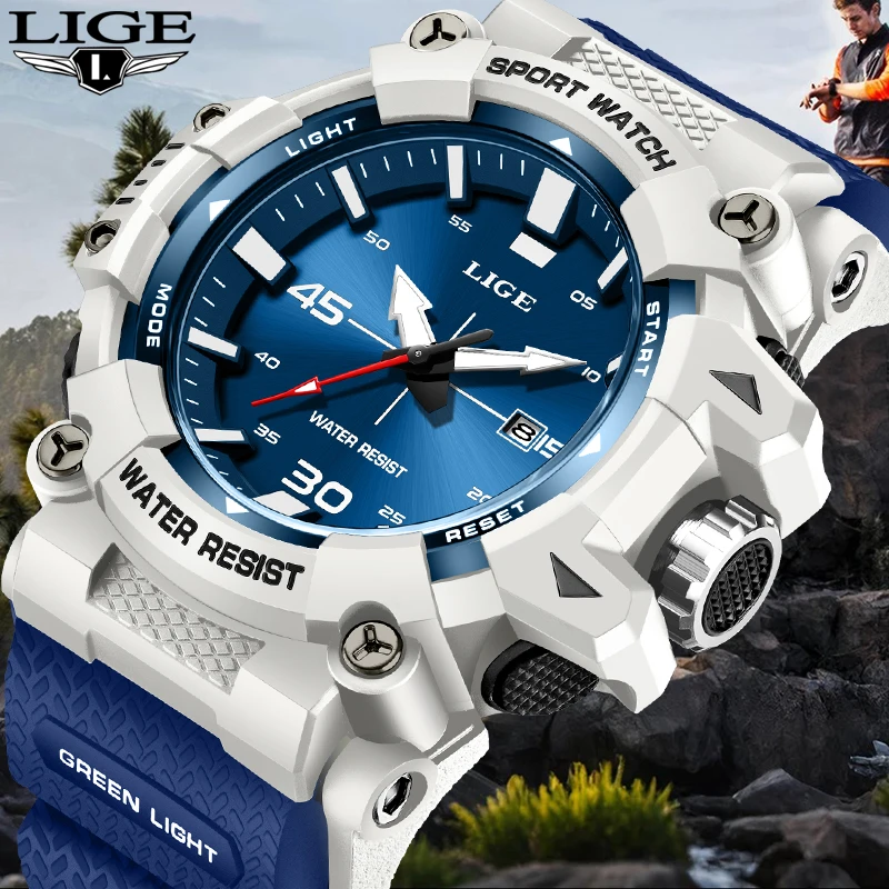 

LIGE новые роскошные синие силиконовые часы для мужчин, водонепроницаемые светящиеся часы в стиле милитари, мужские часы для спорта на открытом воздухе, хронограф с датой, мужские часы