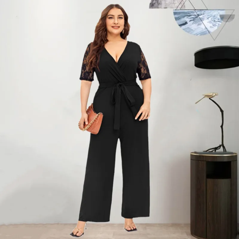 

Летний женский комбинезон с высокой талией, широкими штанинами, из смесовой хлопковой ткани, с кружевными вставками, с поясом, длинные брюки, женский цельный костюм