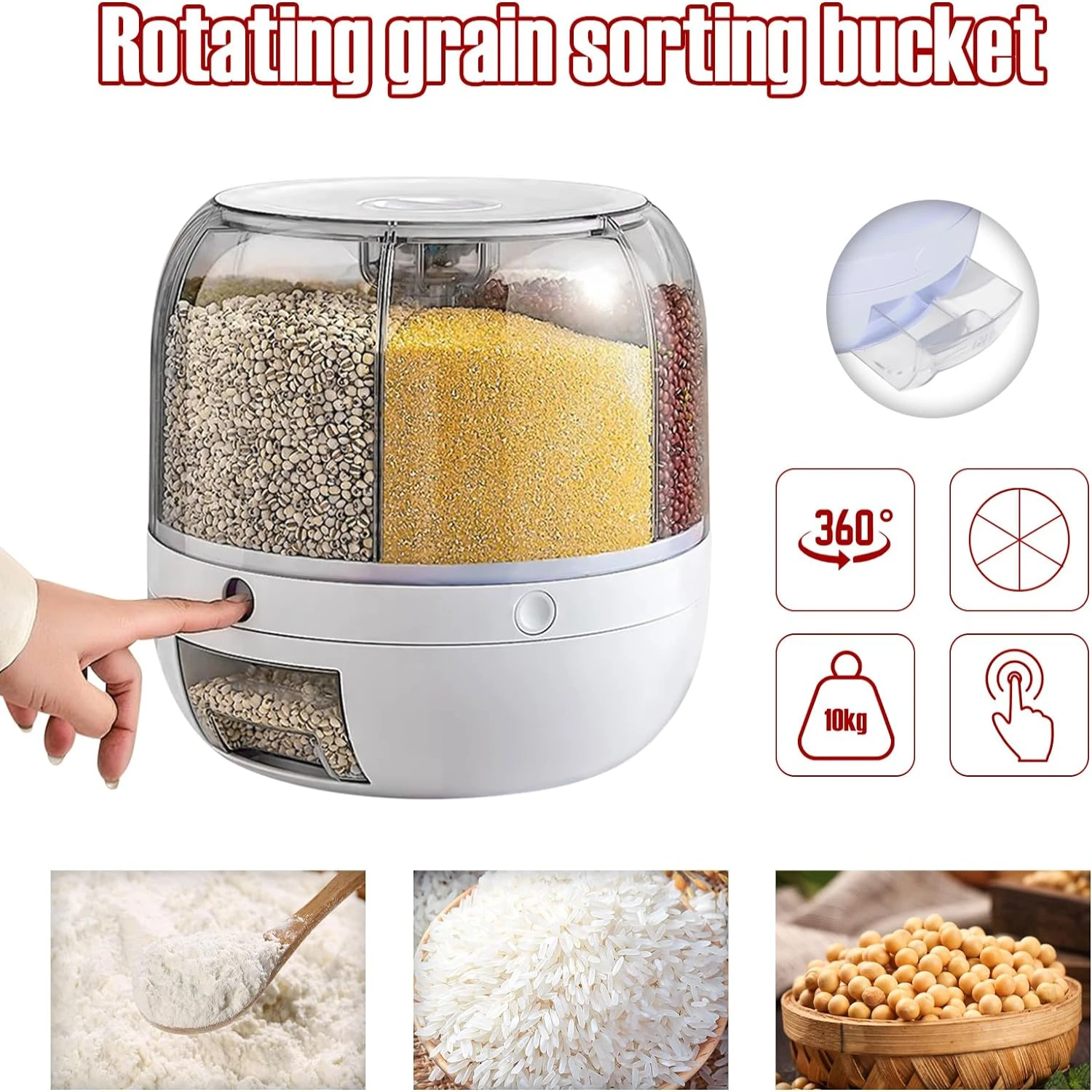 Convenient and Versatile Rotatable Multigrain Rice Dispenser - Efficient One-Click Bean and Grain Output - 6 Grids Dry Food Cont