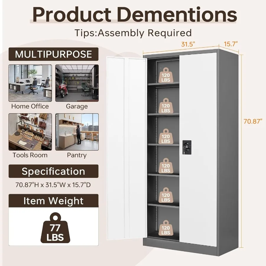 خزائن تخزين جراج معدنية مع قفل 72 خزانة أدوات طويلة مع بابين و5 أرفف قابلة للتعديل قفل خزائن المرآب والموقع #2