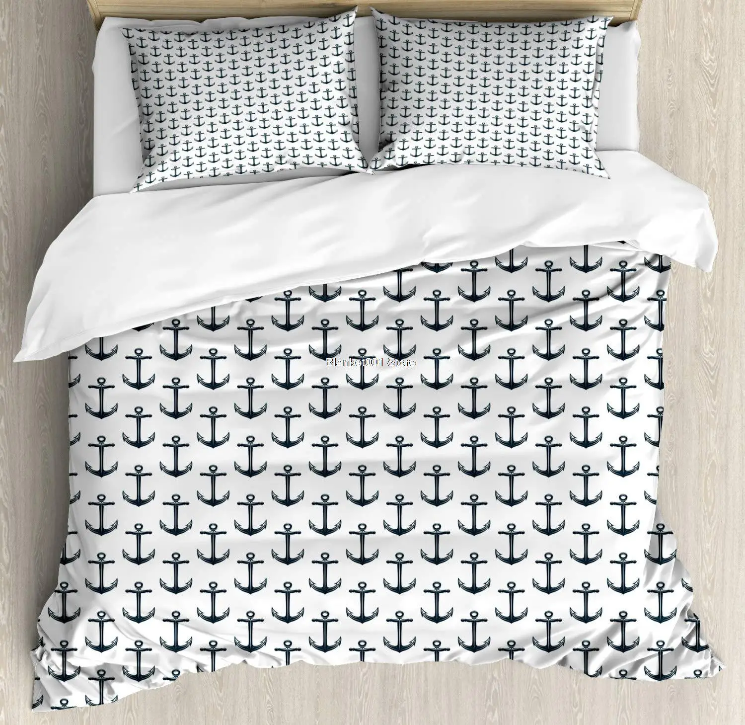 Anchor Duvet Cover Set Vintage Design Marine Life with Repetitive and Symmetric Nautical on Plain Decorative 3 Piece Bedding Set