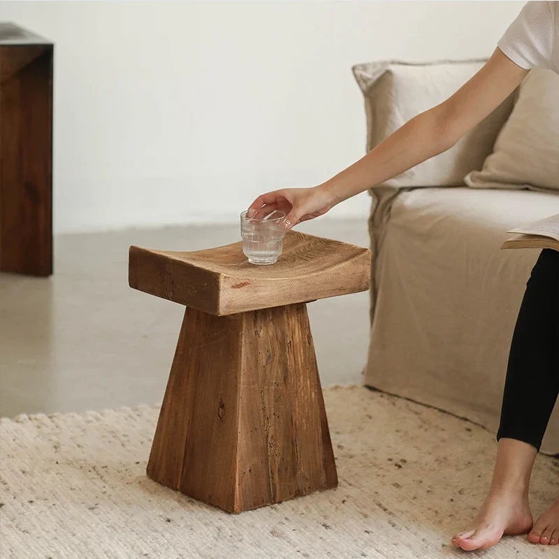 T-shaped small stool, weathered old pine wood, retro and vintage, creative design of solid wood low stool for home living room