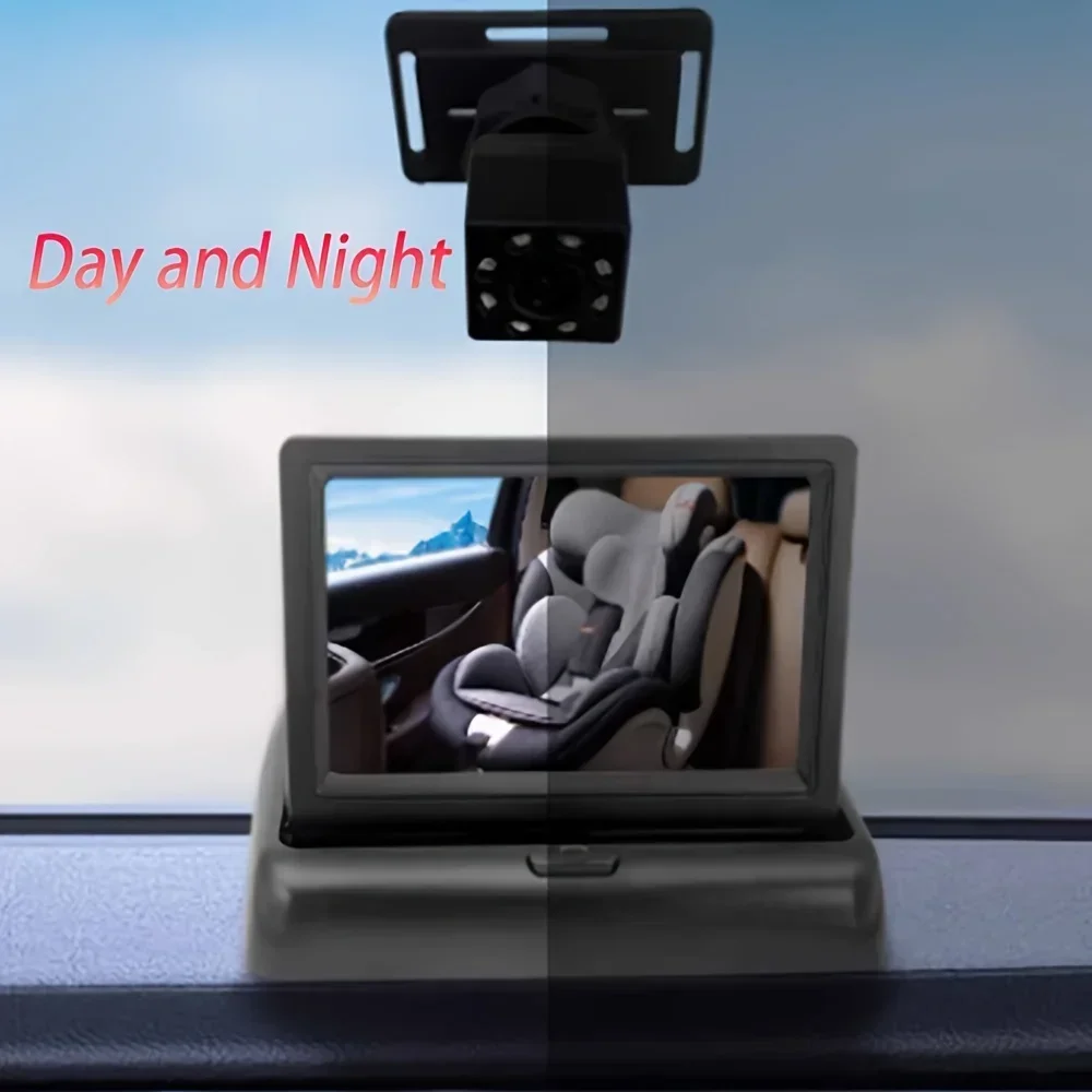 QueenDer 4.3" Kamera Keamanan Kursi Mobil Lipat - Monitor Cermin dengan Penglihatan Malam, Rotasi Belakang & Plug-and-Play