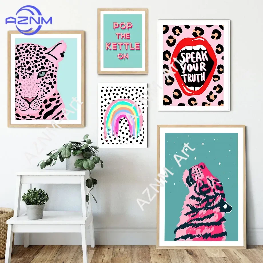Wild Leopard Tiger Rainbow Girl Power Lips Vase Flower Wandkunst Leinwandgemälde Nordisches Poster Wandbild für Wohnzimmerdekoration