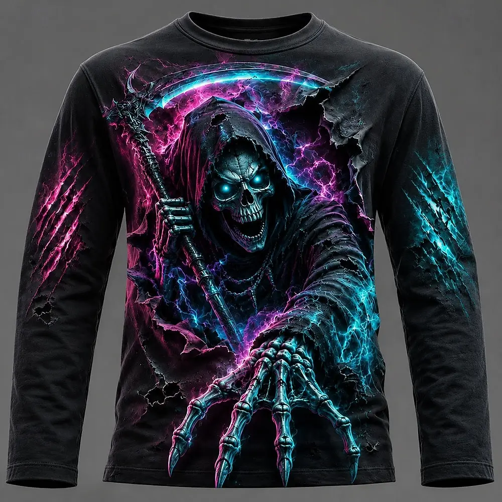 Halloween Men 3D Graphic Printed Long Sleeve  T Shirt Gothic Skull  Pullover Tops Autumn New Festive Gift Men Clothing Tops Tees view 2