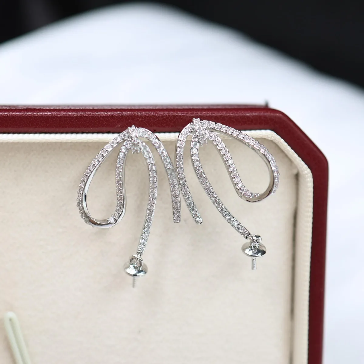 Brass Gold Plated Full Zircon Ribbon Earring Base, Light Luxury Blank Setting For DIY Pearl Earrings Fits 8-14mm Pearls