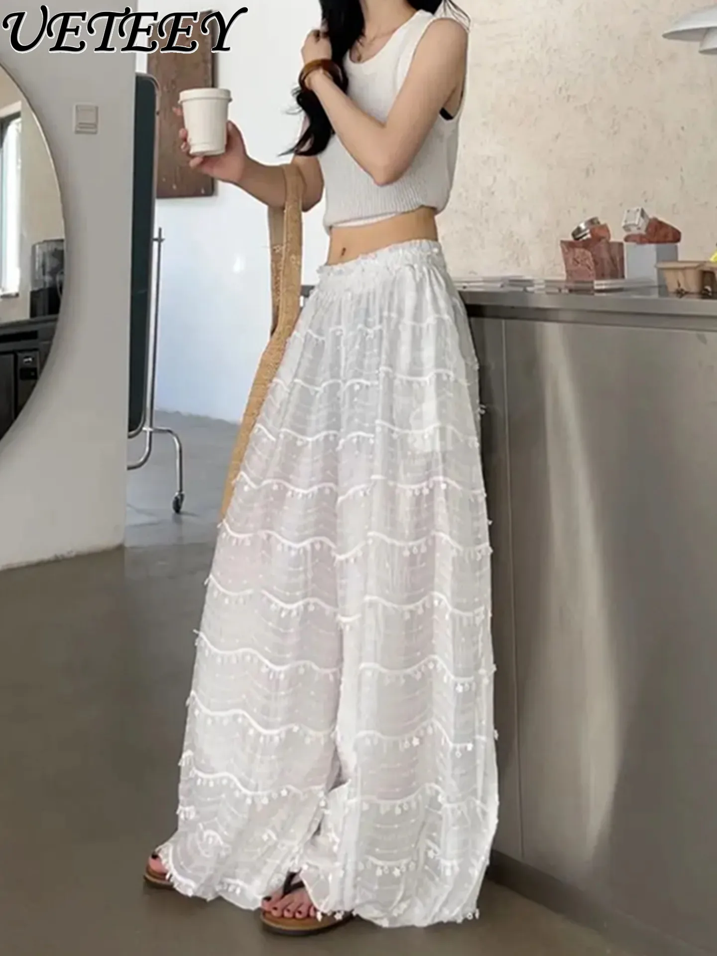 

Design Star Tassel White Wide-leg Pants Women Summer New Ultra-thin Refreshing High Waist Loose Drape Casual Pants Long Trousers