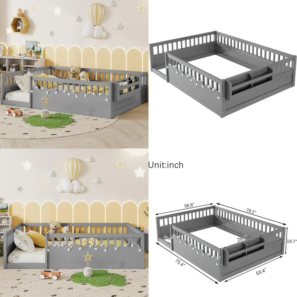 Cama de plataforma de tamanho completo de madeira Montessori com luz e armazenamento, trilhos seguros para dormir com economia de espaço para meninos