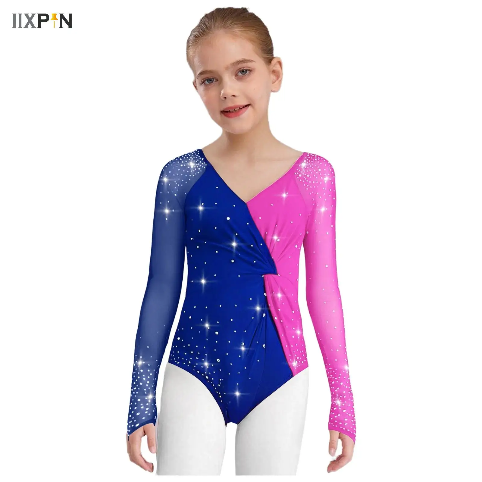 

Girls Shiny Rhinestones Latin Dance Leotard Sheer Mesh Color Block Bodysuit for Ballet Dancer Figure Skating Rhythmic Gymnastics