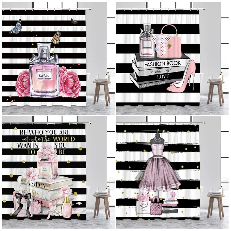 Fashion perfume shower curtains pink flowers butterfly high heel black white stripe women girls home decor bathroom curtain set