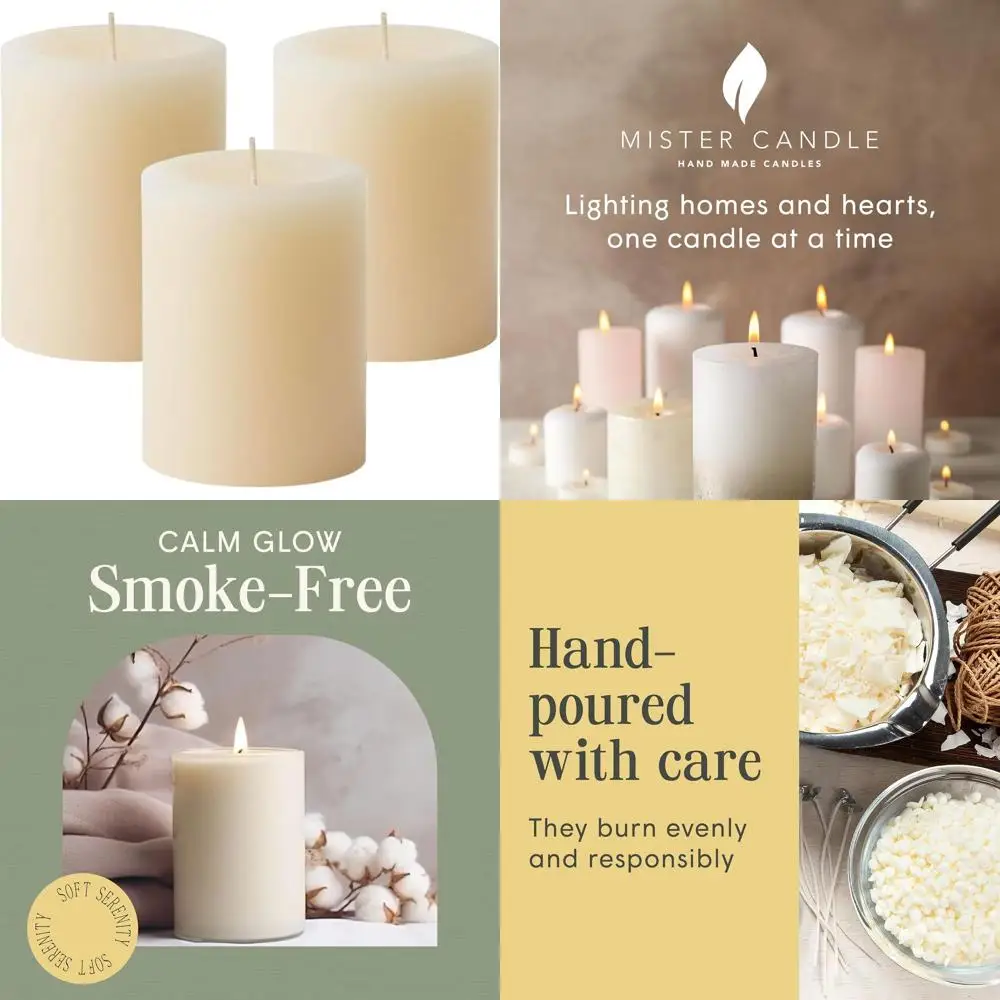 

Dripless Vanilla Scented Ivory Pillar Candles Set of 3, Hand Made Vanilla Pillar Candles with Essential Oils for Home Decor, Pre