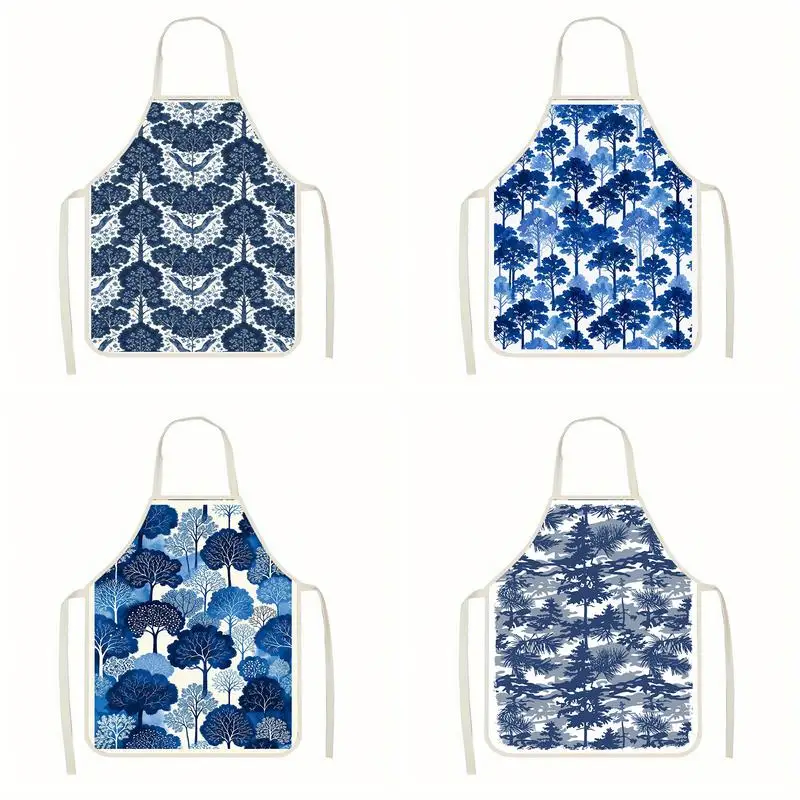 

Blue Tree Pattern Aprons Linen Apron, Suitable For Kitchen Cooking, Parent-Child Interaction, Painting And Other Scenarios