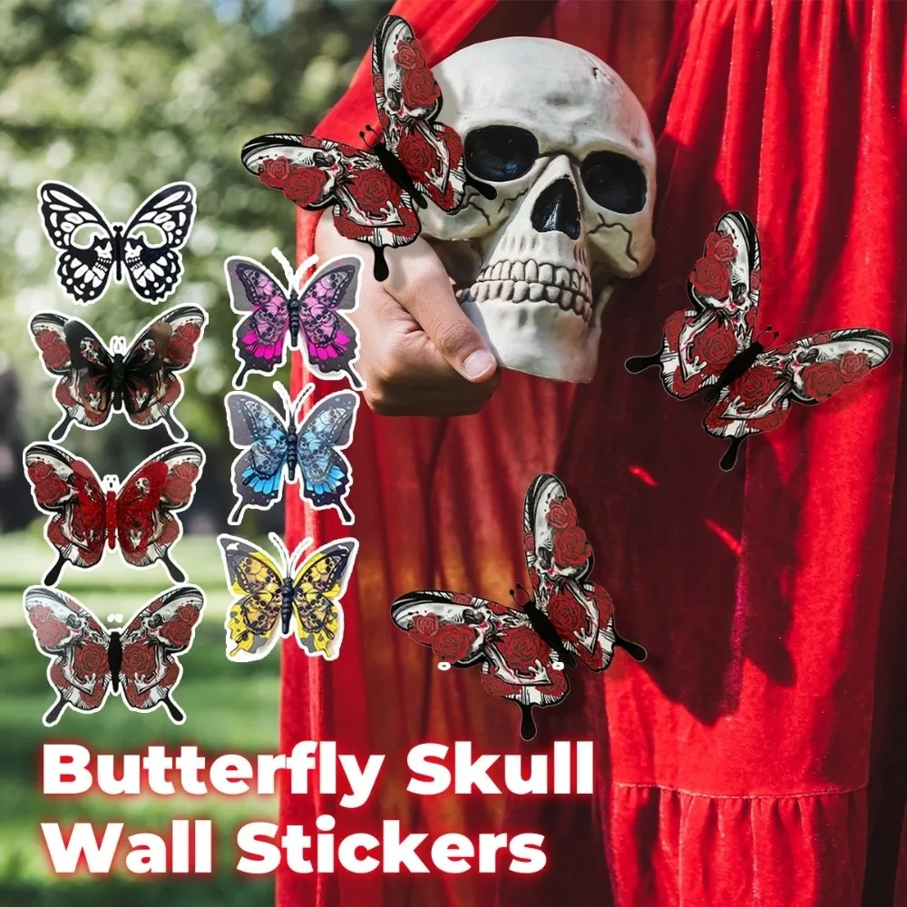 

Double Layer Halloween Wall Stickers PVC DIY Butterfly Skull Stickers Red Hollow Out 3D Butterfly Wallpaper Decal