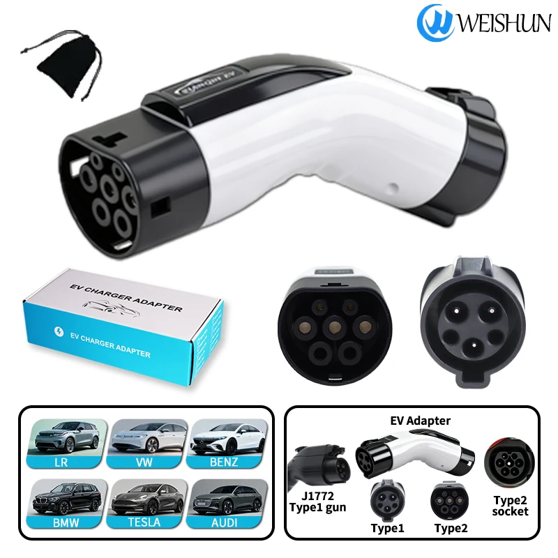 

Type1 to Type2 EV Charger Adapter 16A 32A Electric Vehicle Charging Connector for Type1 to Type2 Car Charger