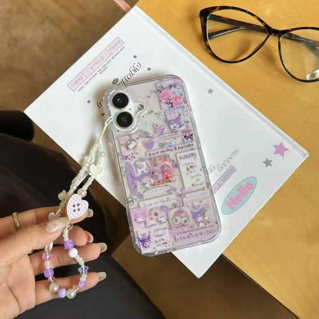 

3D Cartoon Kuromi Wrist Strap Phone Case For 16 Pro Max 15 14 Plus 13 12 Mini X Xr Xs Cute Soft Cover ﻿