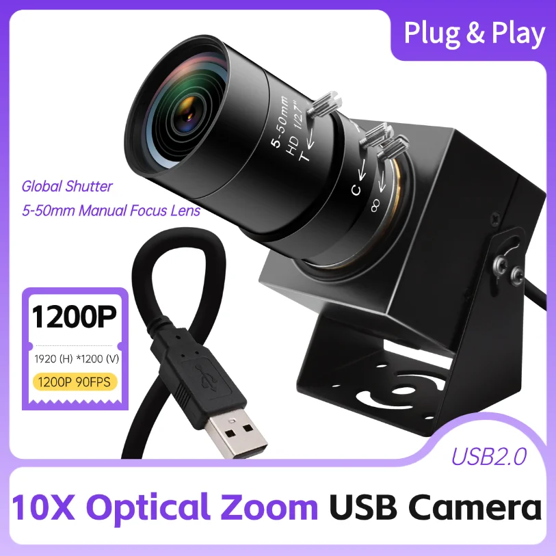 ELP 1200P USB Camera,10X Optical Zoom Webcam with 5-50mm Manual Focus Lens,90fps Global Shutter High Speed Camera for PC,Laptop